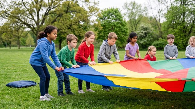 Elementary classmates prepare a cooperative parachute game