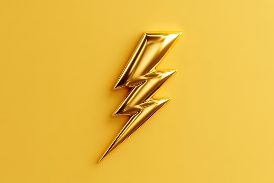 Shiny golden lightning bolt icon isolated on flat yellow background for electric power visual design.