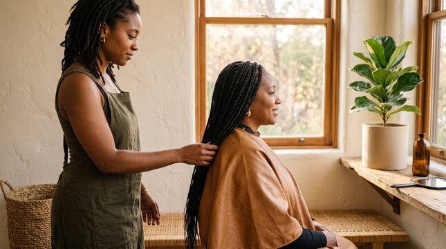 Stylist checks finished box braids by the window