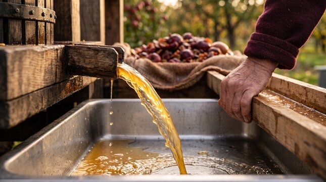 Fresh apple juice flows from a wooden press