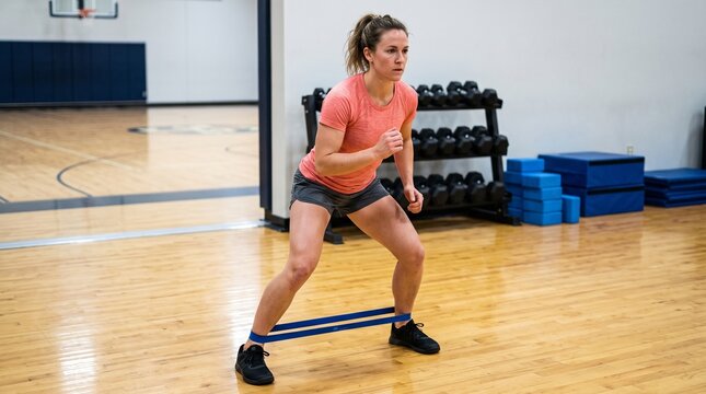 Woman builds lateral strength with resistance band