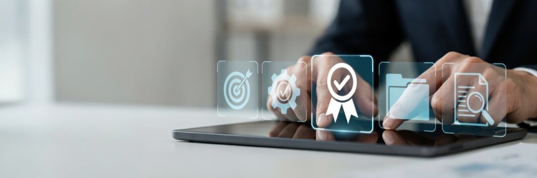 A businessman using a tablet computer to interact with quality assurance and certification icons in an office. Quality control concept for digital business solutions.