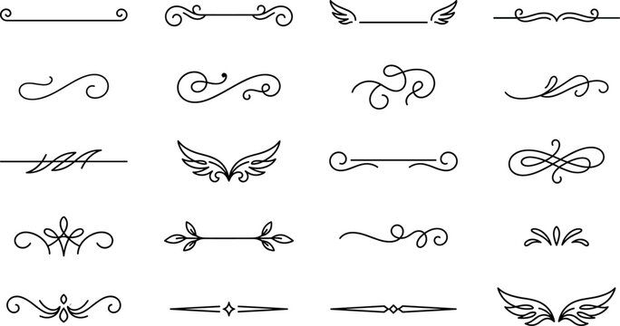 Elegant calligraphic text dividers set with vintage flourish lines wings scroll swirls and decorative border ornament vectors