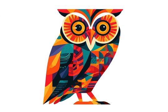 Geometric stylized owl portrait featuring vivid abstract patterns and bright color palette for design.