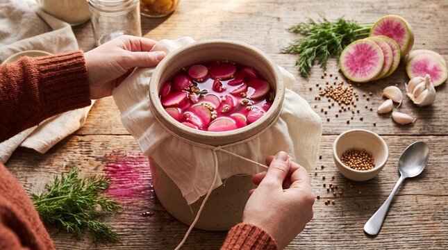 Maker covers a radish ferment with muslin cloth