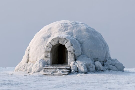 Realistic igloo structure built with snow blocks in arctic winter landscape for cold habitat design.