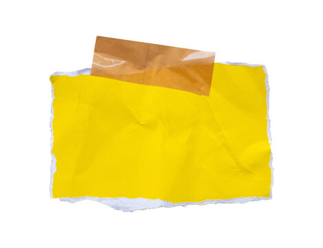 yellow torn sticky note with duct tape on white background isolated