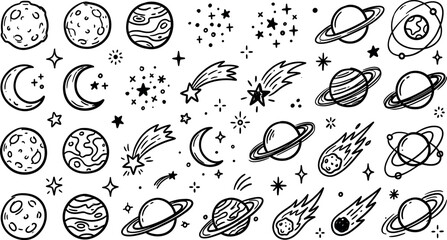 Hand drawn outer space doodles set with solar system planets crescent moons sparkling stars and galaxy comet vectors © MstAduri