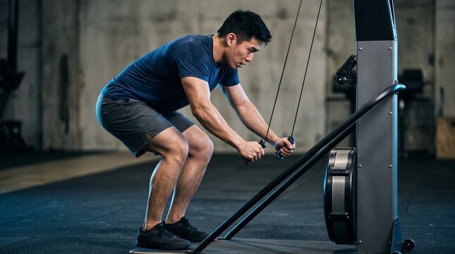 Athlete drives through a ski erg interval
