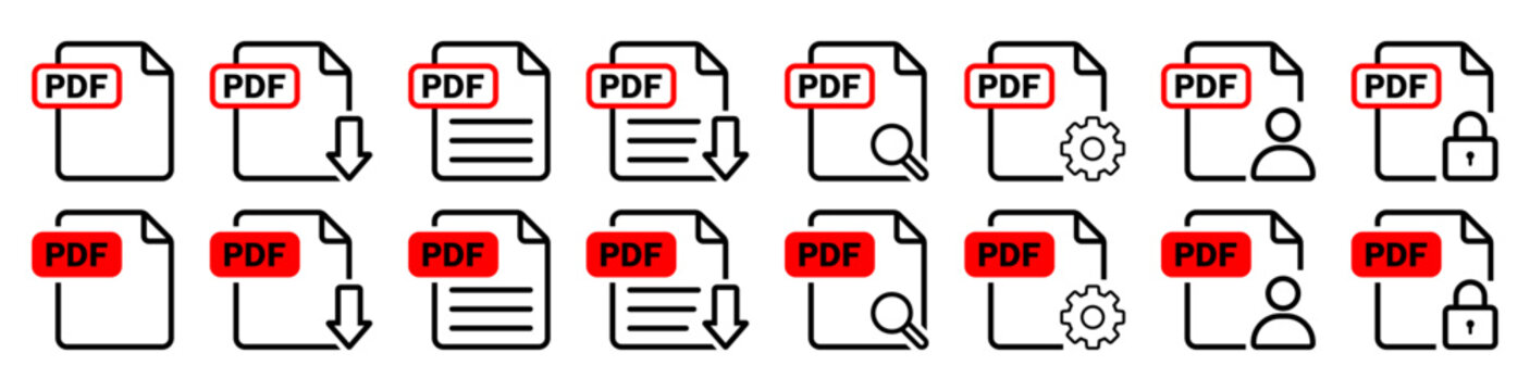 PDF document icon set featuring download, text, search, settings, user access and security symbols for file management, digital documents, office software and web interfaces.