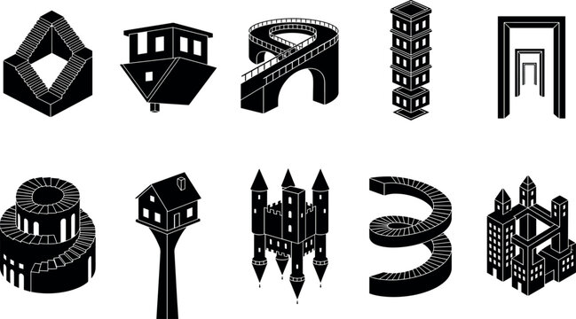 Isometric impossible objects and optical illusion architecture bundle with surreal geometric building castle and staircase silhouette vectors