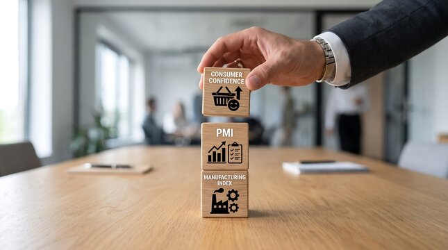 Businessman building a tower of wooden blocks with consumer confidence pmi and manufacturing index business icons