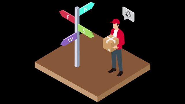 Isometric Delivery Courier Confused at Signpost Animation