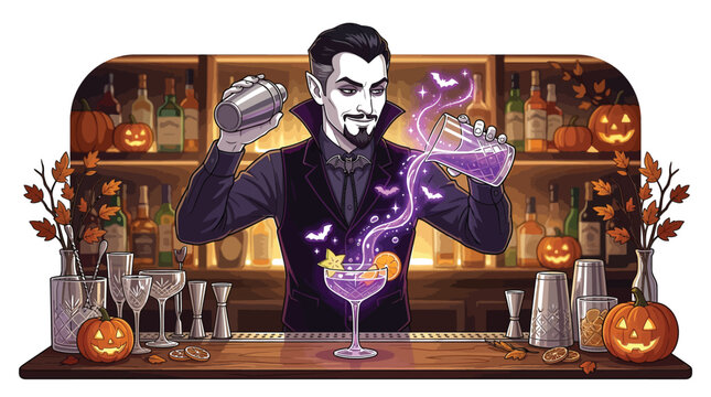 Elegant vampire bartender mixing magical purple halloween cocktail in detailed flat vector illustration for holiday celebration