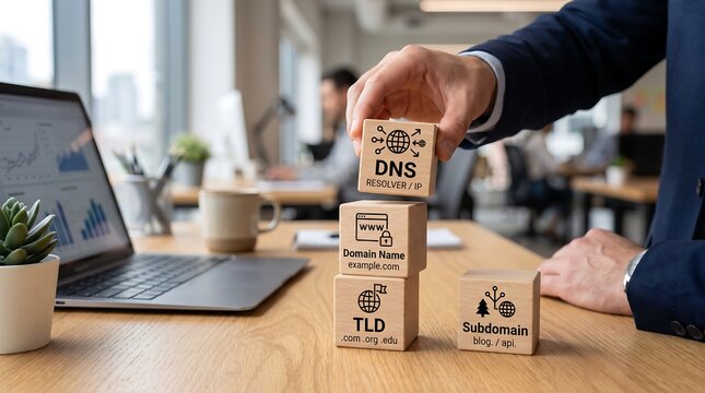 Businessman building a tower with wooden blocks labeled with website domain and dns network terminology concepts