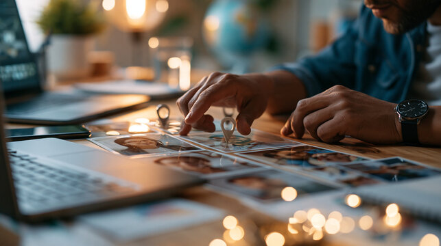 Photorealistic close-up of detective hands arranging anonymous portrait photos and location pins on a desk, missing person investigation concept, clean office environment, natural