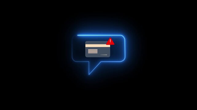Credit card alert notification concept showing person holding with warning message, symbolizing online payment error, digital banking security,animation in black background, 4k video.