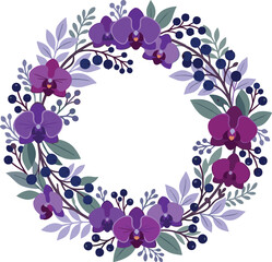 Obraz premium Purple Orchid Floral Wreath vector illustration with botanical berries and leaves for wedding stationery design
