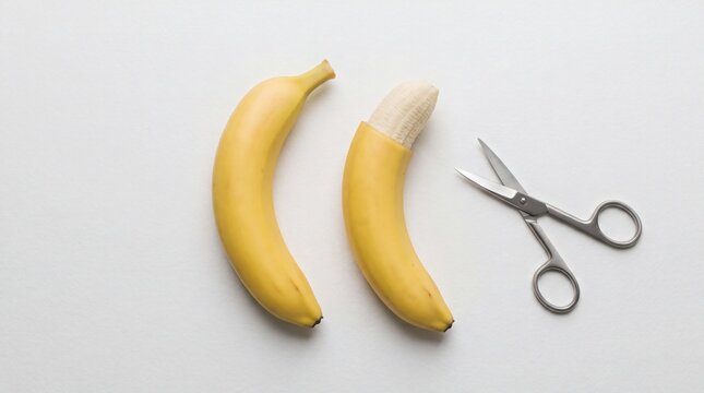 Banana with scissors symbolizing circumcision or cutting.