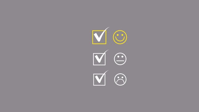 Touching the virtual screen on the happy smiley face icon to give satisfaction in service. Rating very impressed. Customer service, testimonial and animation in black background, 4k video.