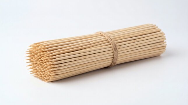 Bundle of wooden toothpicks tied with twine on a white background.