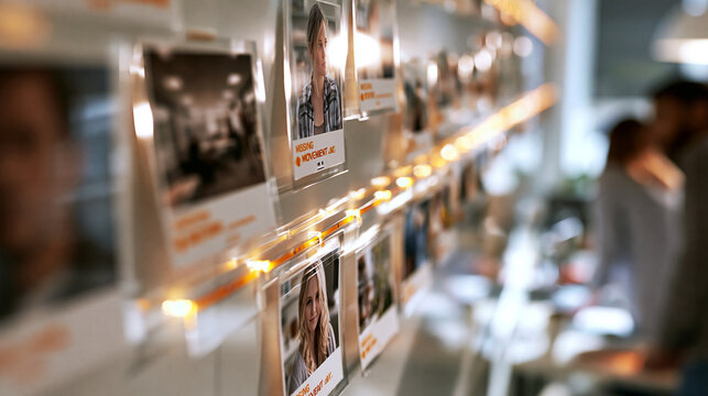 Photorealistic missing person case board with photos and movement timeline, no readable text, realistic office setting, soft daylight, clean advertising-friendly composition