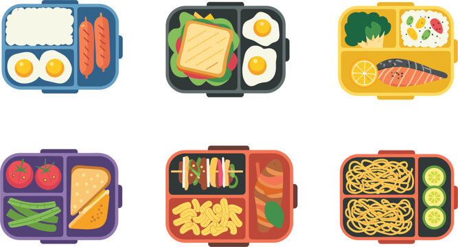 Delicious lunch box set, healthy school meal containers, colorful food vector illustration graphic
