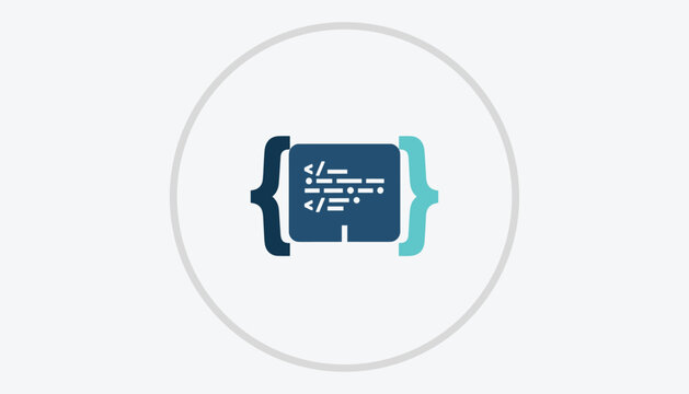 Conceptual vector icon representing programming and software development with code brackets in a circle.