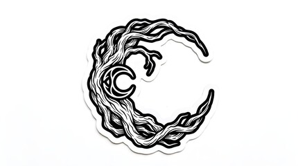 Fototapeta premium Black and white crescent moon design formed by twisted tree roots and branches illustration isolated on a white background graphic art