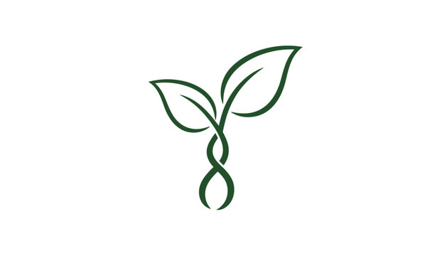 Two green leaves with intertwined stems forming a DNA helix shape representing biotechnology on a white background.