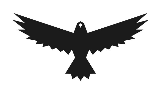 Powerful black silhouette of an eagle or hawk flying with fully spread wings and detailed feathers on a white background.