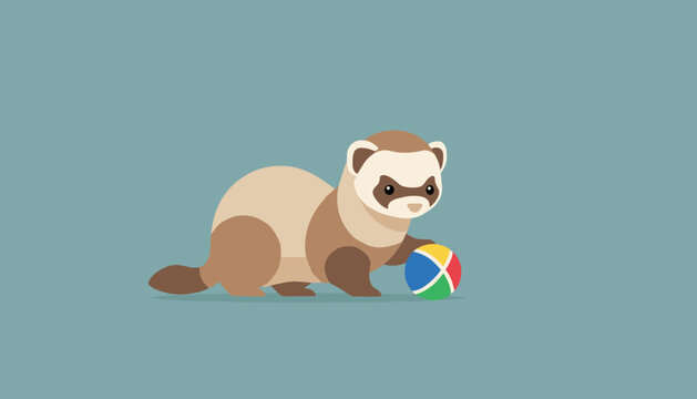 Cute little ferret playing with a colorful red, green, and blue ball, set against a solid turquoise background.