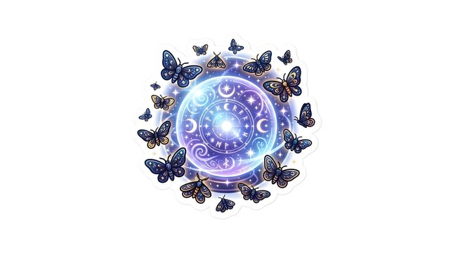 Mystical glowing orb with celestial runes and moth butterflies flying in circle on white background fantasy illustration artistic graphic