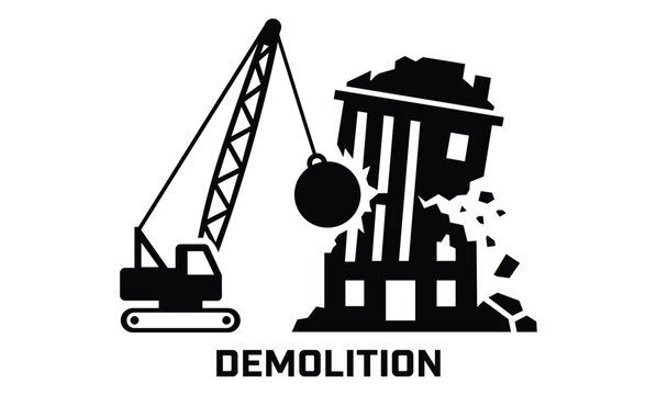 Excavator Demolishing Building Vector Illustration, Construction Destruction, Wrecking Machine, Urban Demolition and Building Removal Concept