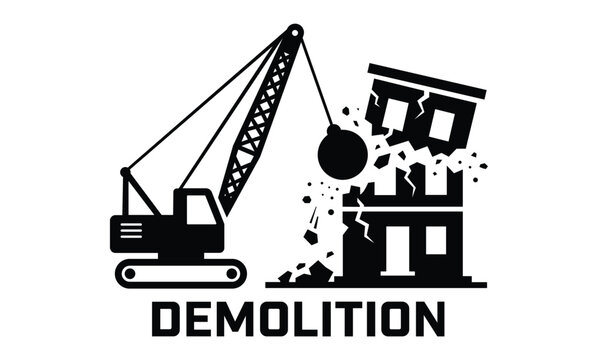Excavator Demolishing Building Vector Illustration, Construction Destruction, Wrecking Machine, Urban Demolition and Building Removal Concept