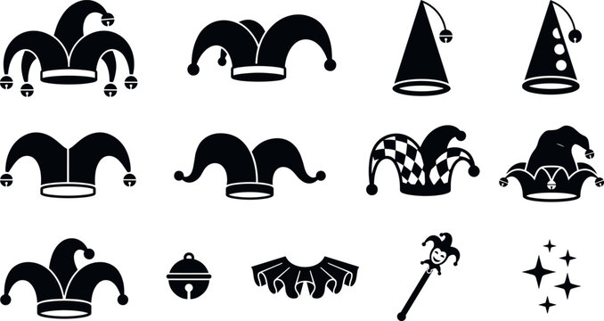 Jester Hat Vector Silhouette Icon Set Featuring Fool Caps Clown Hats Bells Ruffle Collar Scepter and Sparkles for Carnival Mardi Gras and April Fools Designs