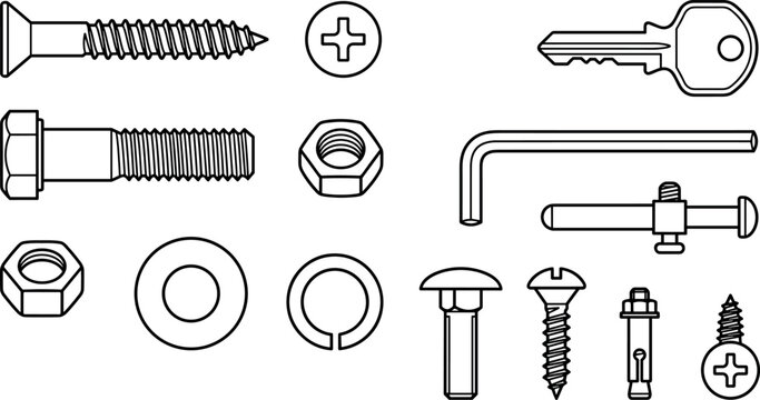Hardware Fastener Vector Line Icon Set Featuring Screws Bolts Nuts Washers Allen Key Wall Anchor and Door Key for Construction and Repair Graphics