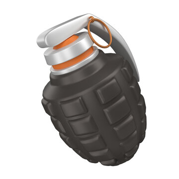 Explosive Power: A detailed 3D rendering of a black hand grenade with an orange safety lever, symbolizing potential danger and forceful impact.