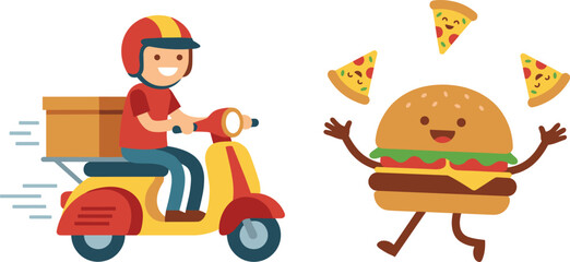 Fototapeta premium Flat design vector illustration of a smiling food delivery person on a scooter with a package, and a happy burger juggling pizza slices