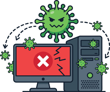 Computer virus infection concept with cracked red monitor showing error cross, PC tower and angry green virus characters spreading around, cyber security flat vector illustration