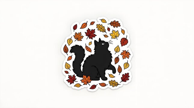 A cute fluffy black cat sitting surrounded by colorful falling autumn leaves in this charming whimsical seasonal illustration design