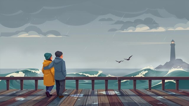 A couple embracing on a wooden pier looking at stormy sea and lighthouse
