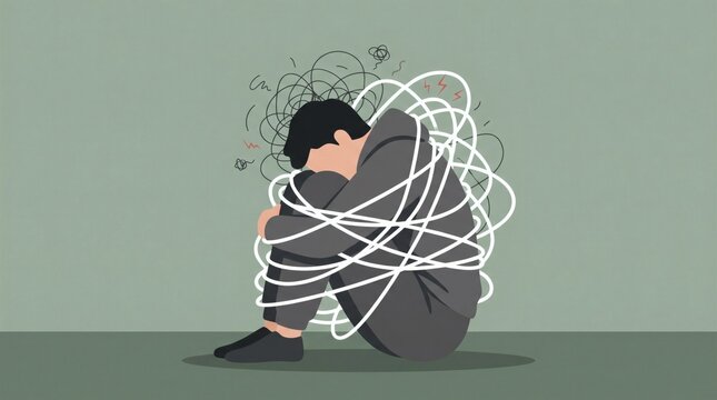 Man trapped in tangled lines representing stress and anxiety.