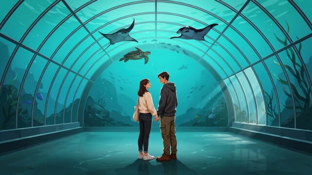 A couple holding hands while admiring manta rays inside a large ocean aquarium