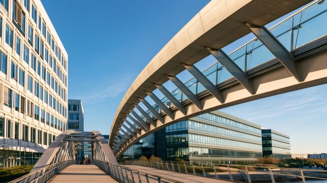 Modern office buildings connected by pedestrian skywalk bridge