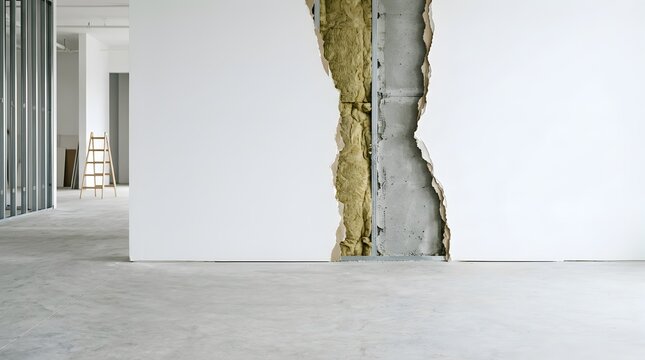 Damaged drywall interior showing insulation and concrete structure during renovation