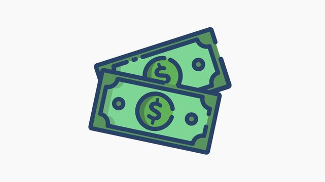 Flat Style Illustration of Two Green Dollar Bills Banknotes Representing Wealth, Finance, and Cash, 4K video animation.