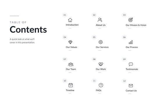 Minimalist Table of Contents Presentation Slide Template with Business Index Layout