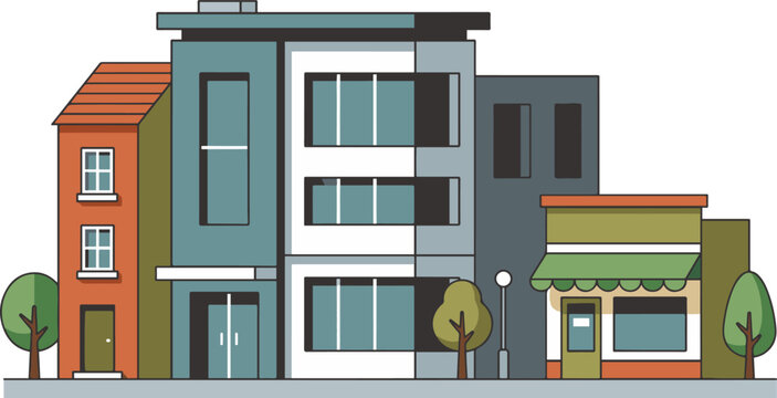 Flat vector illustration of a city street with brick house, modern apartment building, small shop with green awning, street lamp and trees