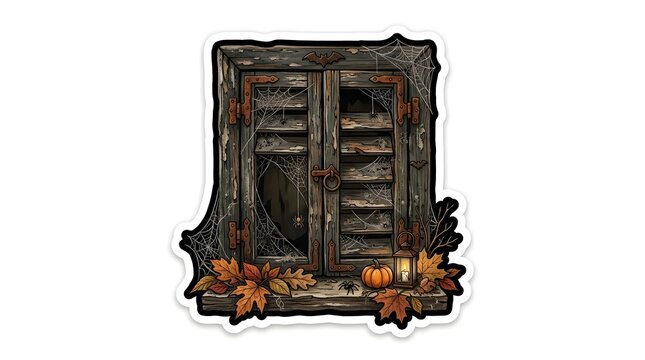 Old rustic haunted house window with cobwebs autumn leaves and a lantern pumpkin decoration isolated against a plain white background design
